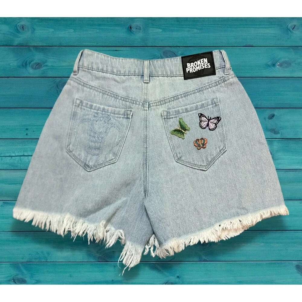 Broken Promises Two-Tone White & Light Blue Distressed Denim Shorts